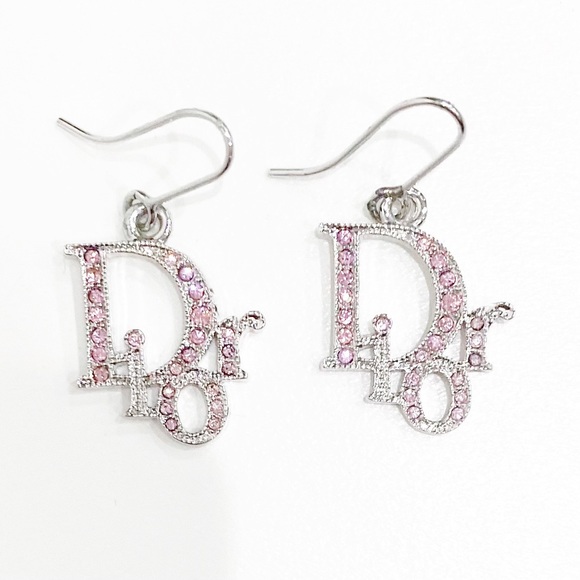 VINTAGE DIOR Silver Pink White Oblique Dangle Earrings Swarovski Rhinestone - Picture 1 of 9